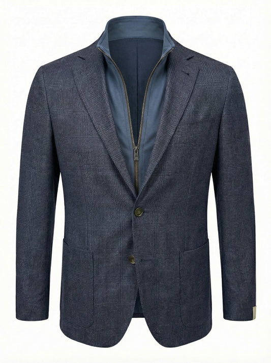 Corneliani ID Jacket in Wool Silk & Linen Blend with Detachable Bib Windowpane in Blue