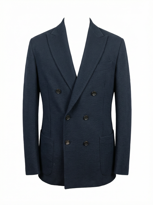 Fradi  Super Light Double Breasted Seer Sucker Jacket in Cotton & Linen -Navy