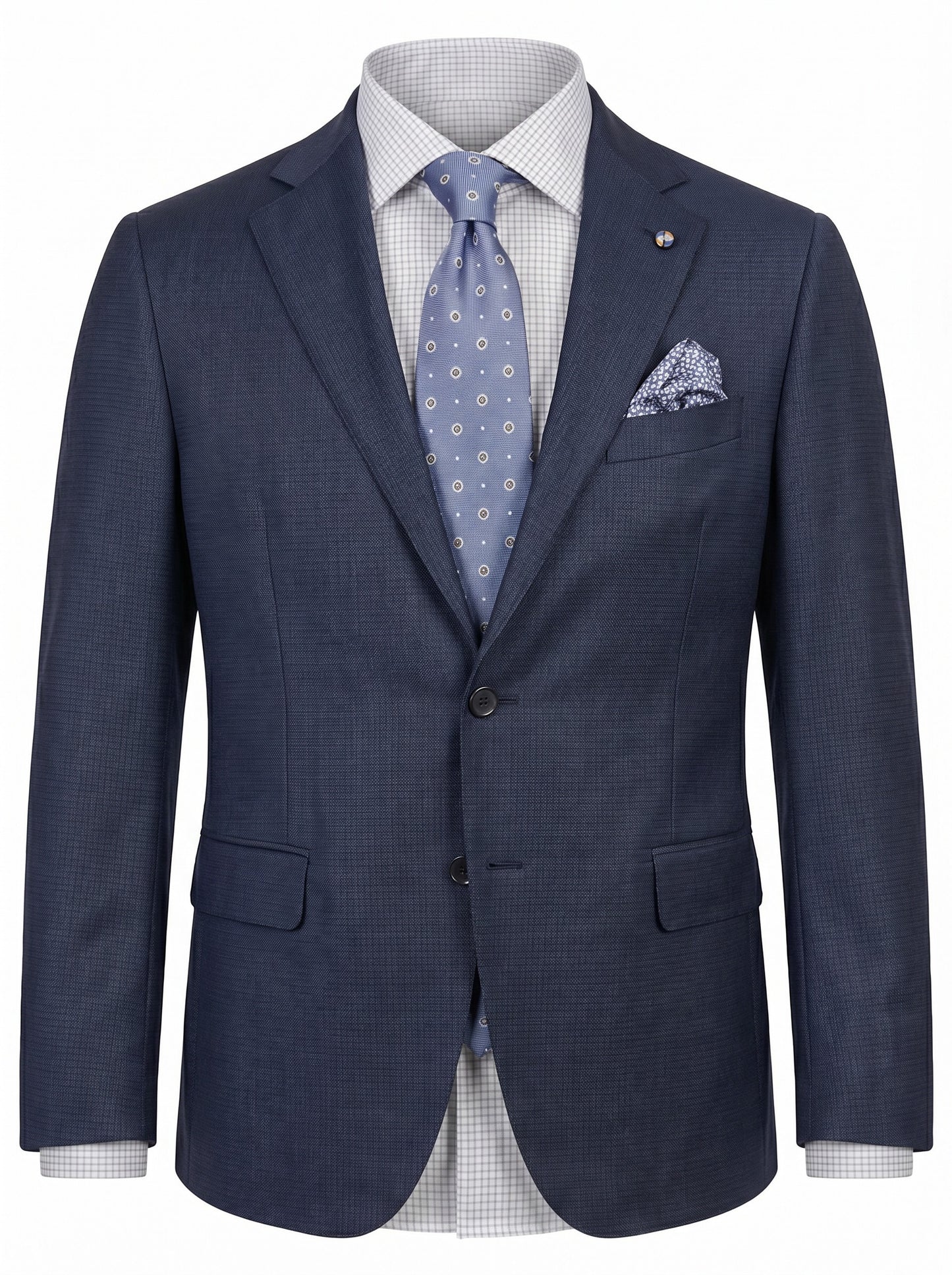 Belvest Super 130's Wool Suit in Mid Blue with Maroon Micro Check