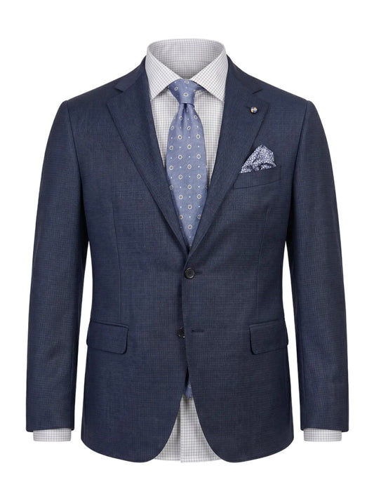 Belvest Super 130's Wool Suit in Mid Blue with Maroon Micro Check