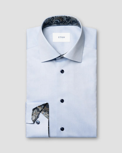 Eton Light Blue Signature Twill Sport Shirt with Floral Effect Contrast Details