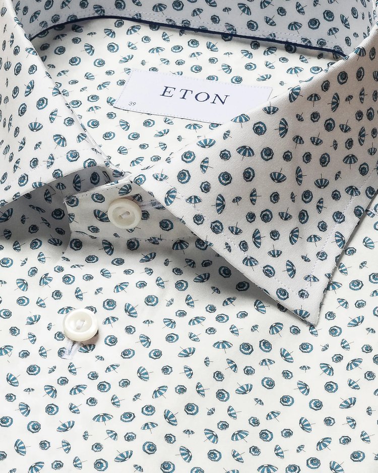 Eton Signature Poplin Sport Shirt in White with Light Blue Umbrella Print