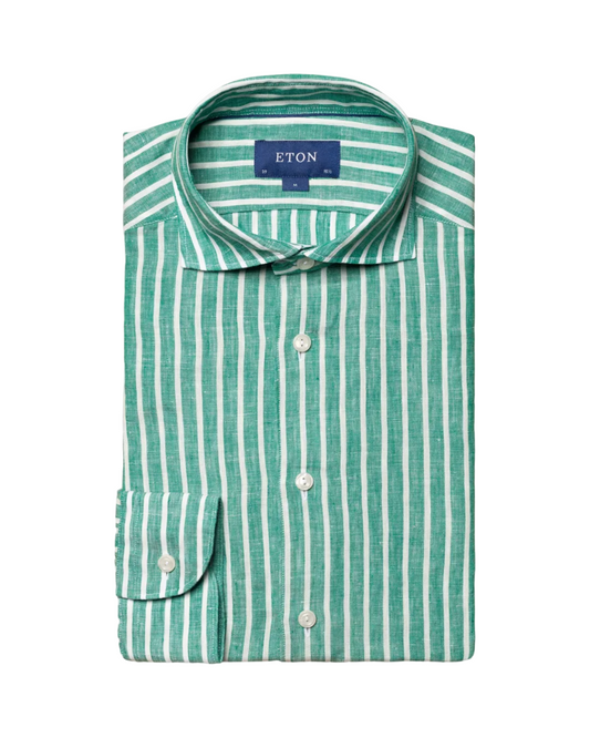 Eton Green Striped Linen Sport Shirt
