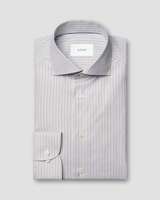 Eton Multi Striped Breeze Poplin Shirt Slim Fit in Beige and Mid Blue Stripes