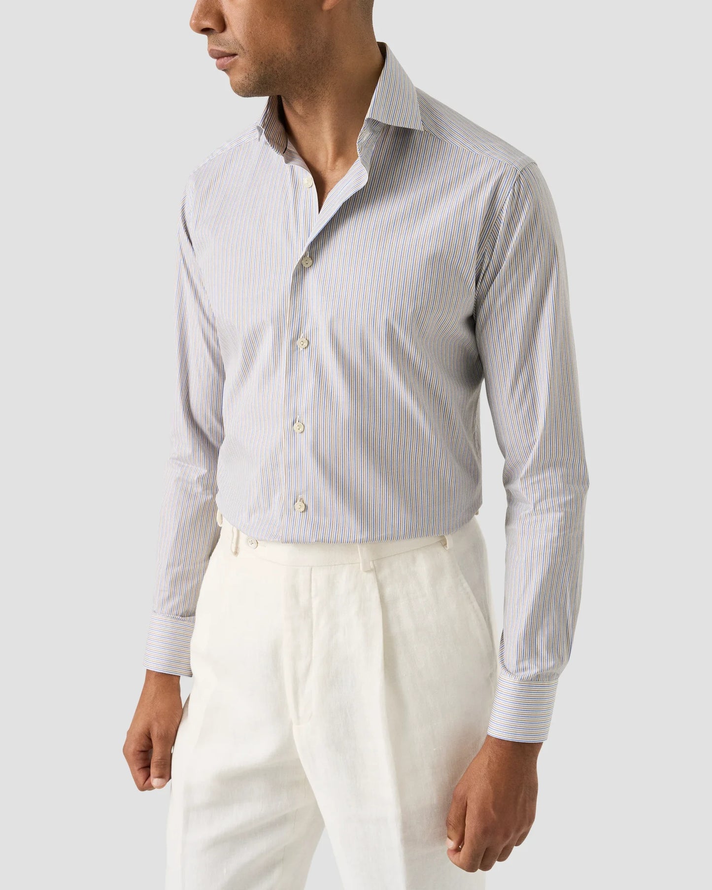 Eton Multi Striped Breeze Poplin Shirt Slim Fit in Beige and Mid Blue Stripes