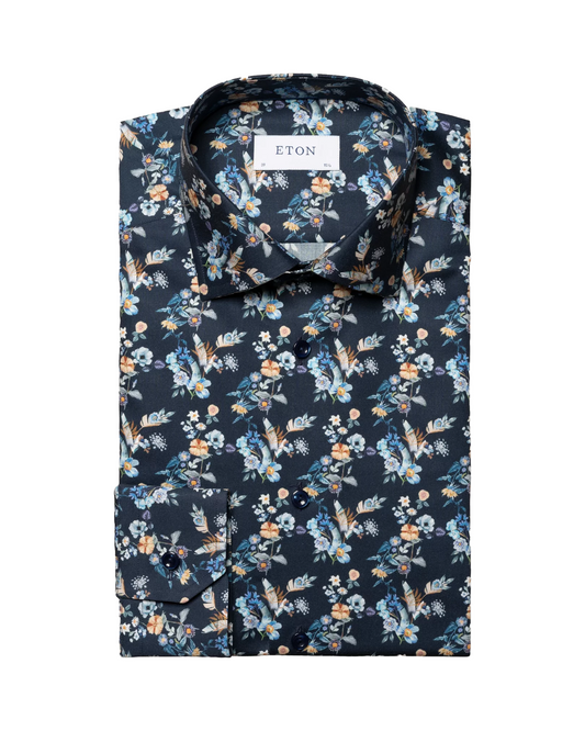 Eton Navy Floral Print Twill Sport Shirt