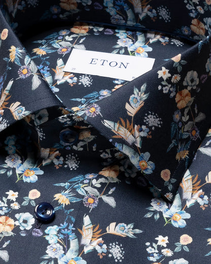 Eton Navy Floral Print Twill Sport Shirt