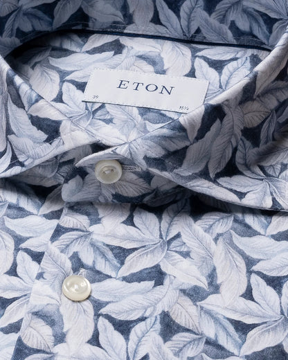 Eton Light Blue Palm Print Cotton Four-Way Stretch Sport Shirt