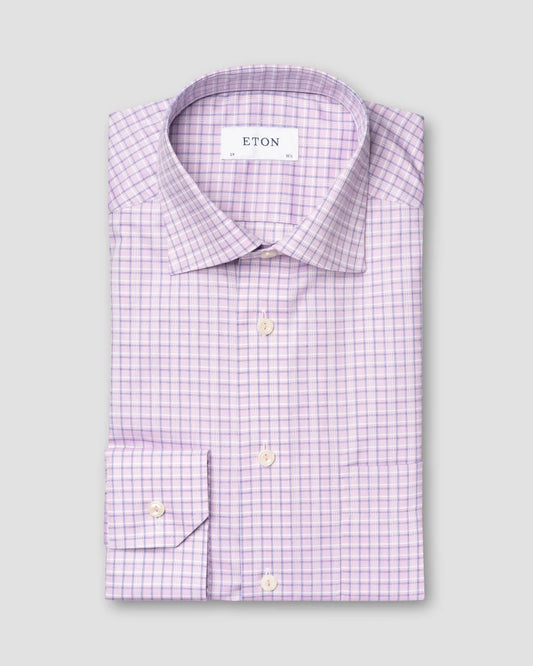 Eton Signature Twill Sport Shirt in Pink Tri-Color Check Pattern