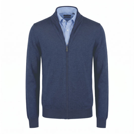 Gran Sasso Merino Wool Full-Zip Sweater in Mid Blue