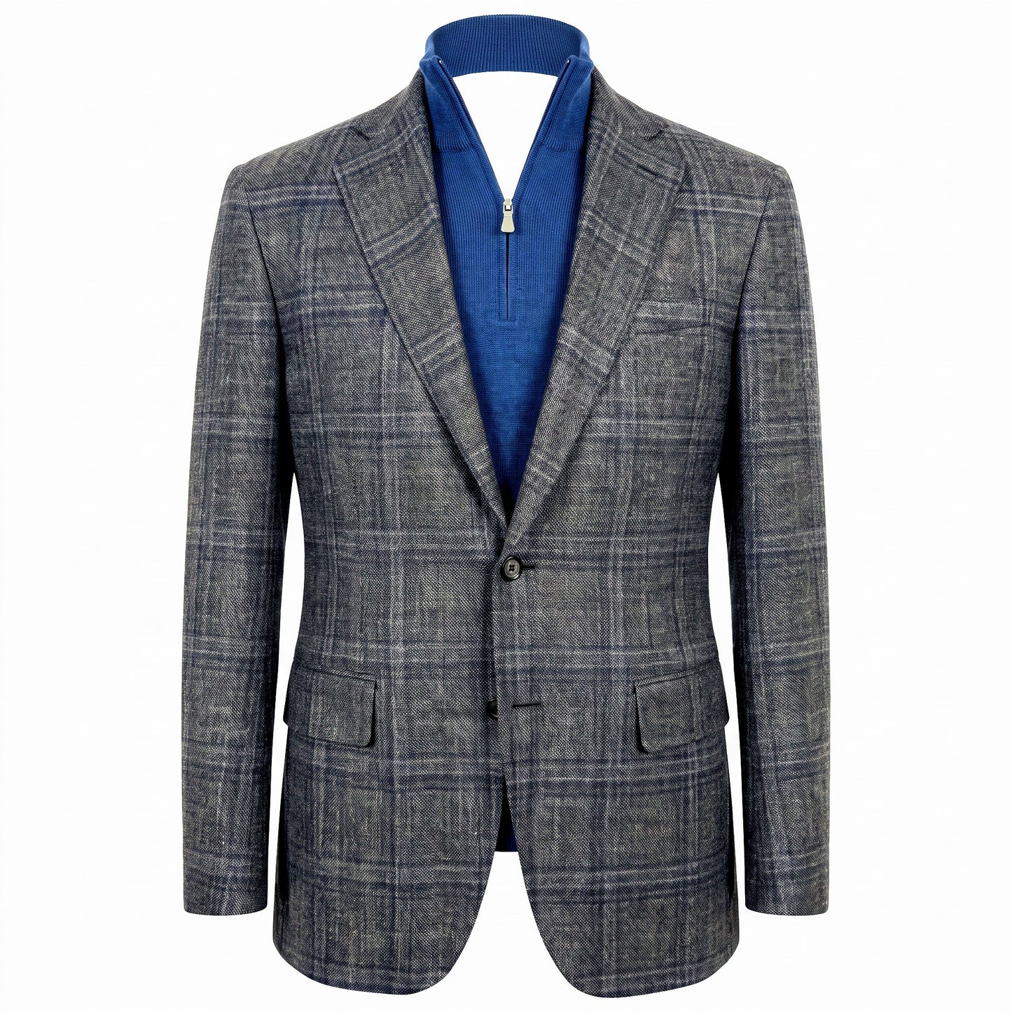 Canali Kei Model Wool Sport Coat in Medium Grey with Blue Plaid