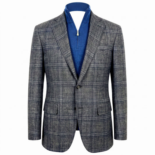 Canali Kei Model Wool Sport Coat in Medium Grey with Blue Plaid