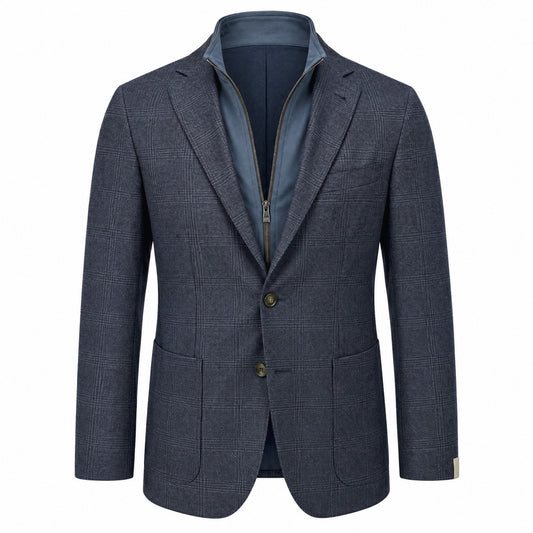 Corneliani ID Jacket in Wool Silk & Linen Blend with Detachable Bib Windowpane in Blue