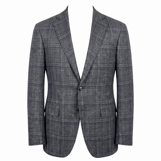 Canali Kei Model Wool Sport Coat in Medium Grey with Blue Plaid