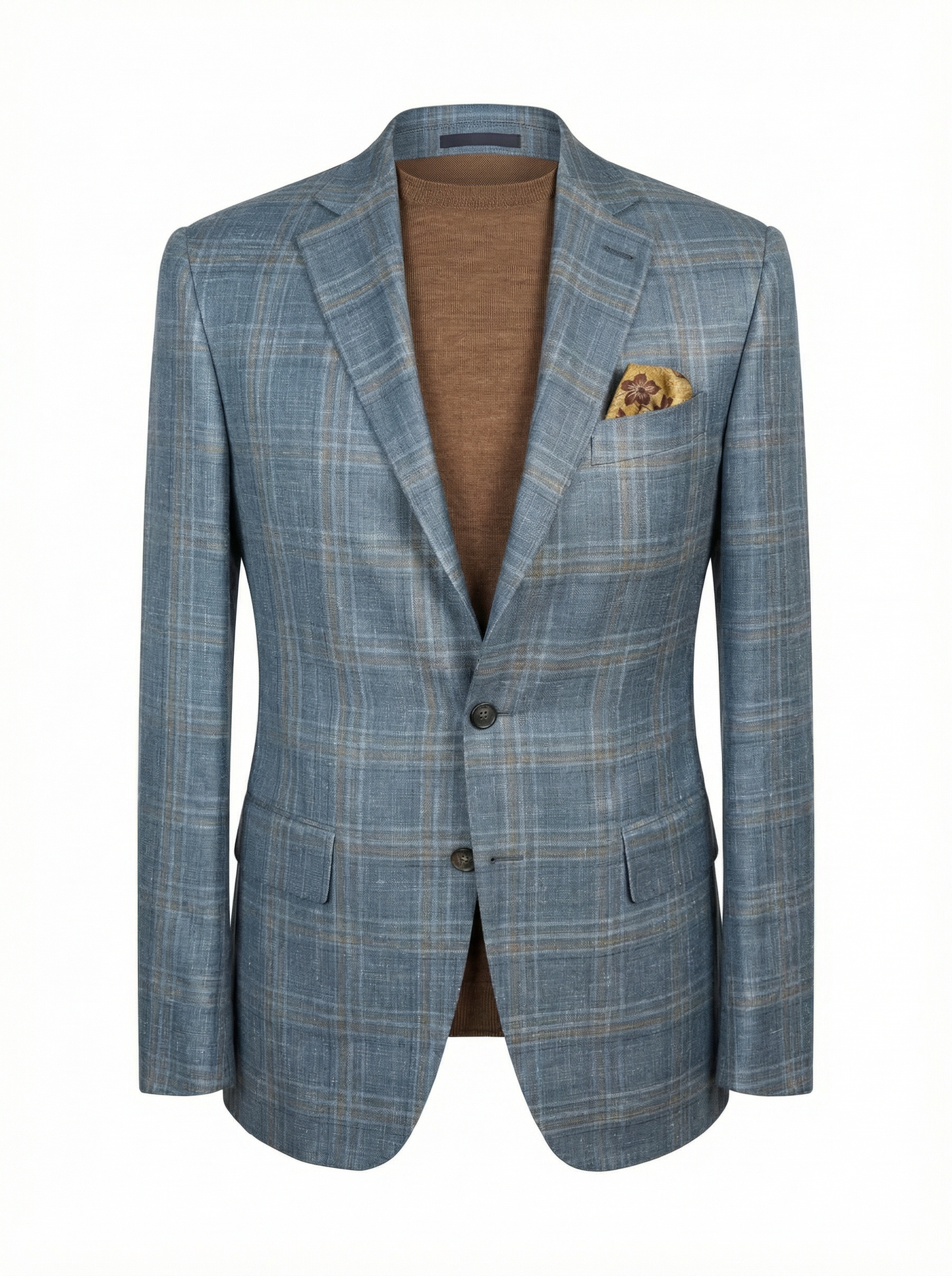 Canali Kei Model Wool, Silk & Linen Sport Coat in Dust Blue and Brown Windowpane