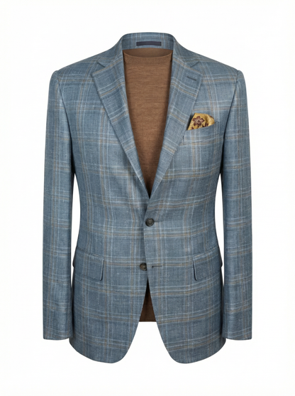 Canali Kei Model Wool, Silk & Linen Sport Coat in Dust Blue and Brown Windowpane
